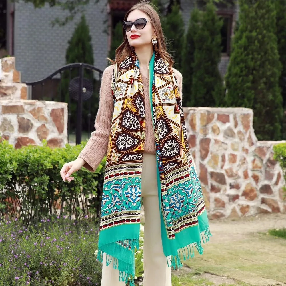 100% Wool Scarf Oversized Pashmina Shawls and Wraps Soft Warm Blanket Travel for Women Floral