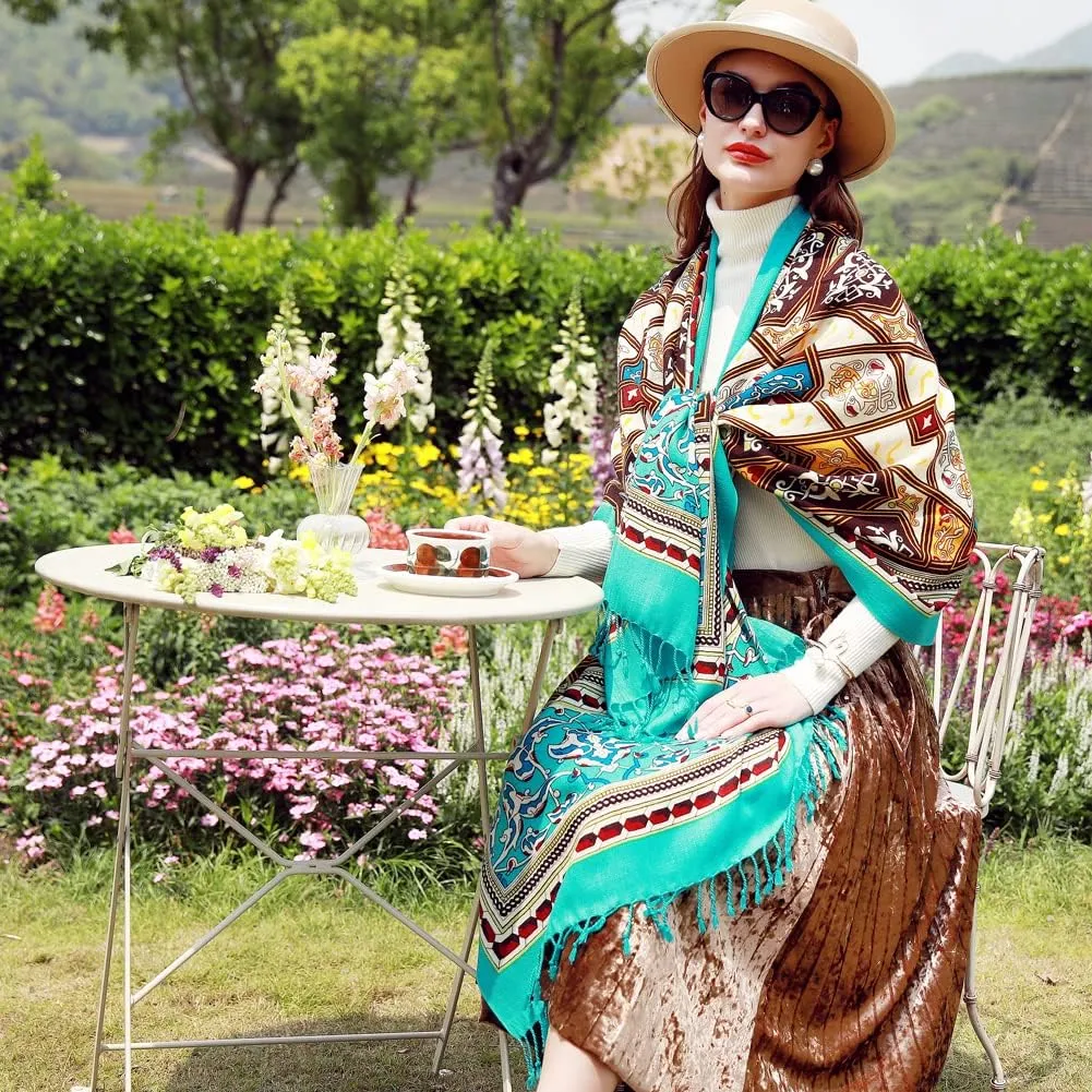 100% Wool Scarf Oversized Pashmina Shawls and Wraps Soft Warm Blanket Travel for Women Floral