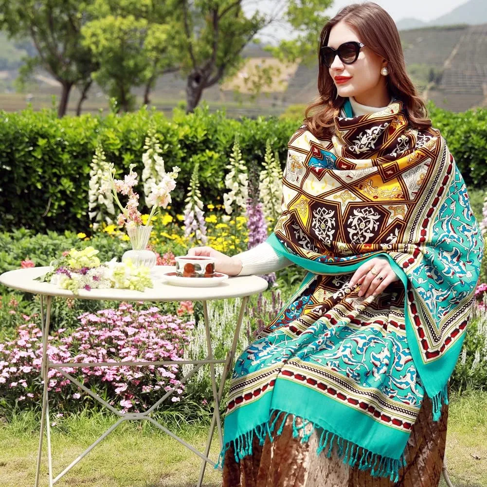 100% Wool Scarf Oversized Pashmina Shawls and Wraps Soft Warm Blanket Travel for Women Floral