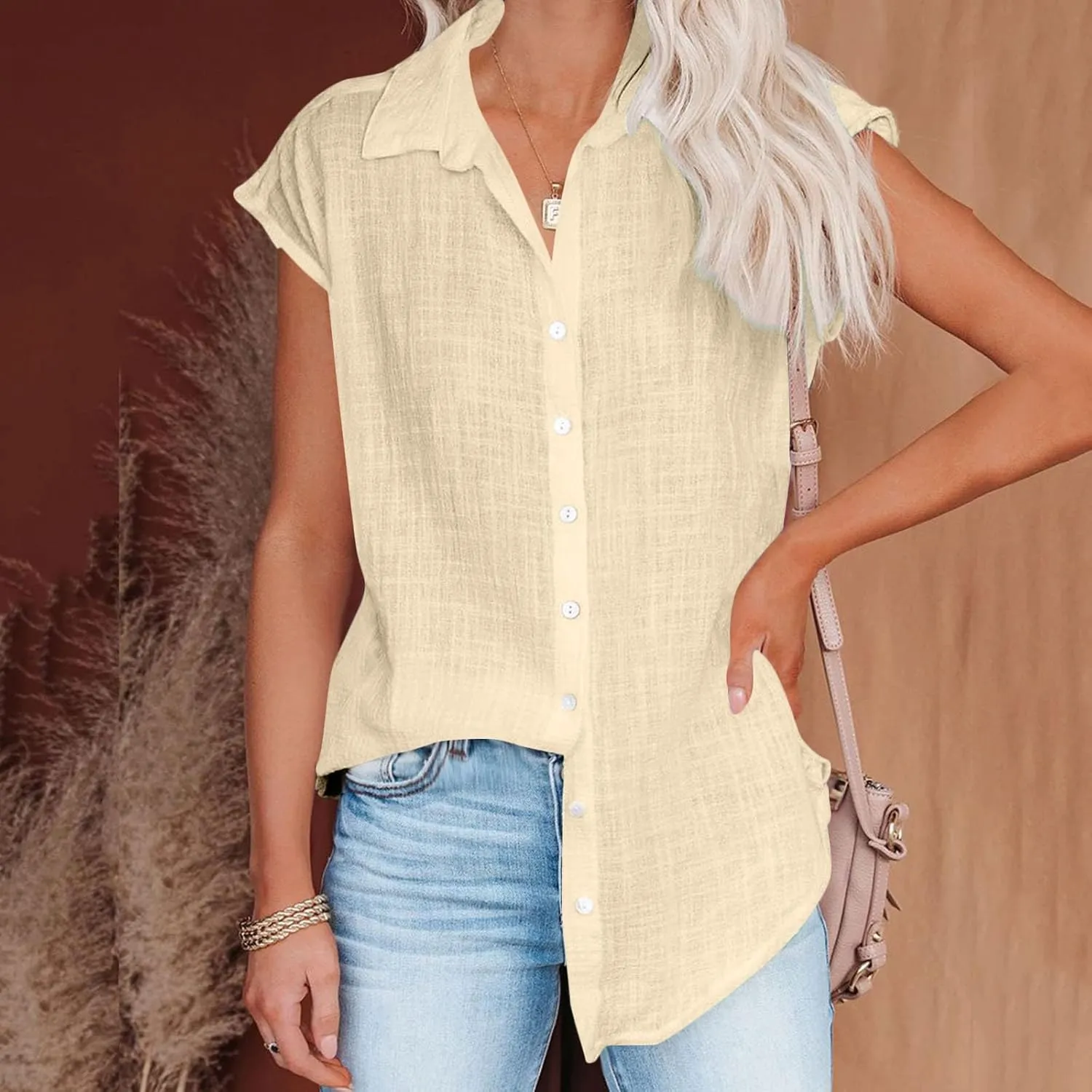 2024 Button Down Shirts for Women Lapel V Neck Dressy Linen Tops Summer Rollup Cap Sleeve Blouses Plus Size Tee Shirt