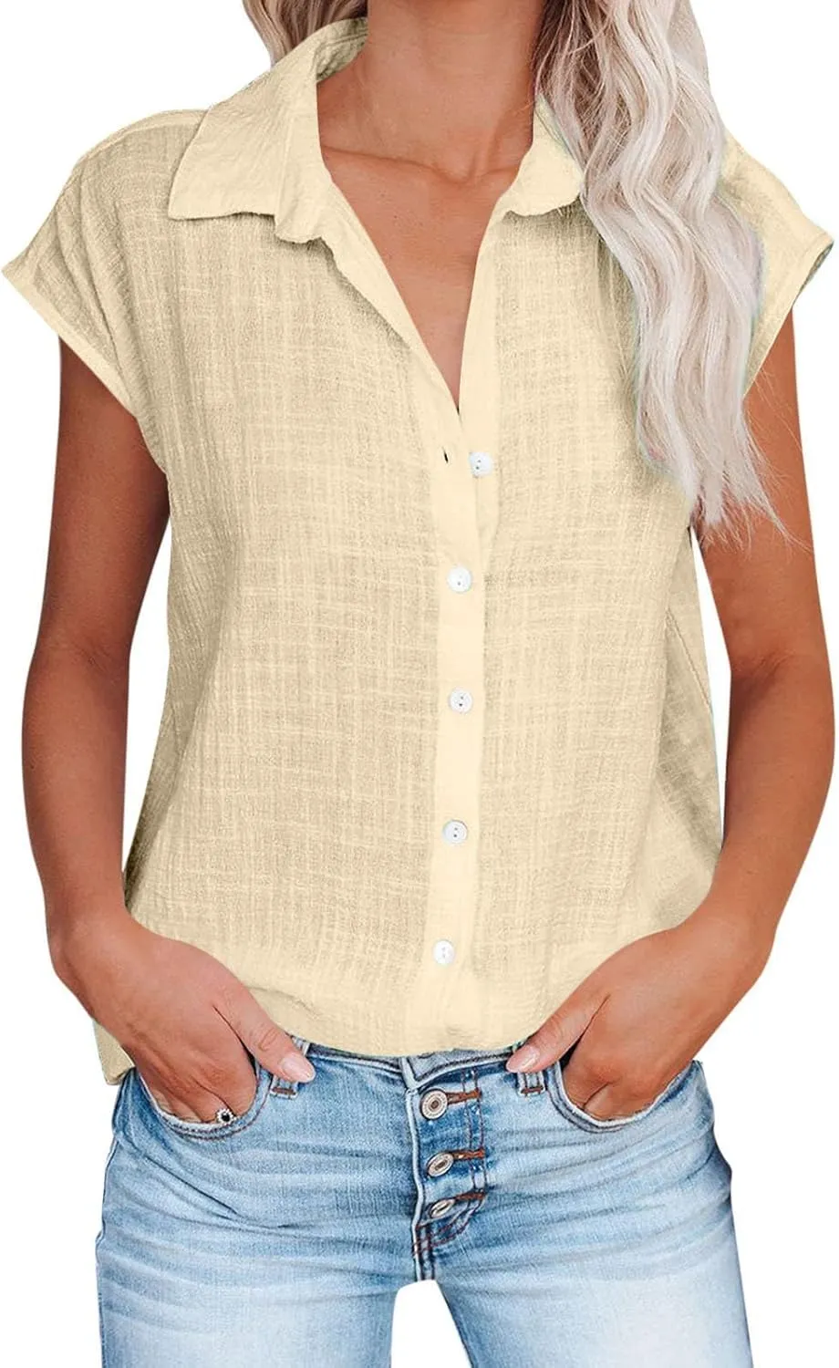 2024 Button Down Shirts for Women Lapel V Neck Dressy Linen Tops Summer Rollup Cap Sleeve Blouses Plus Size Tee Shirt