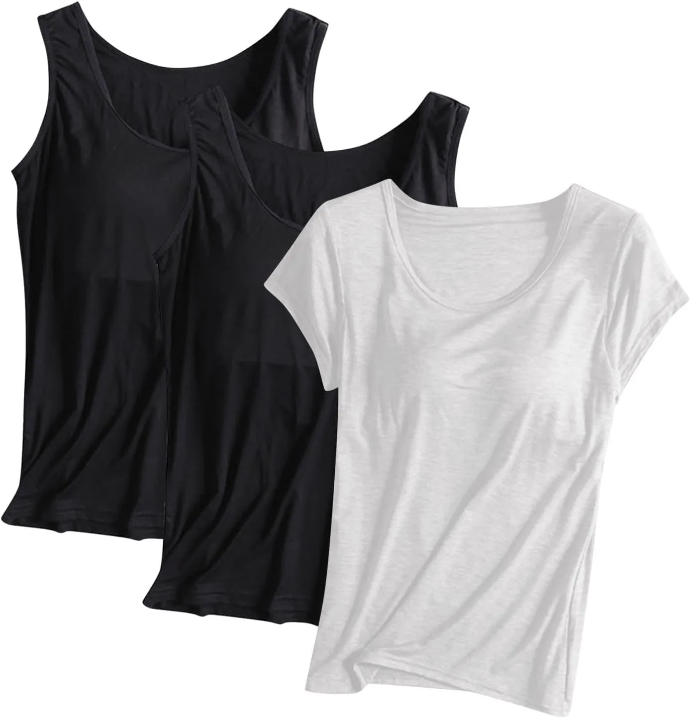 3 Pack Women Modal Built in Bra Tops Summer Soft Comfy Tank Top/Short Sleeve Scoop Neck Yoga Workout Undershirts