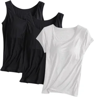 3 Pack Women Modal Built in Bra Tops Summer Soft Comfy Tank Top/Short Sleeve Scoop Neck Yoga Workout Undershirts