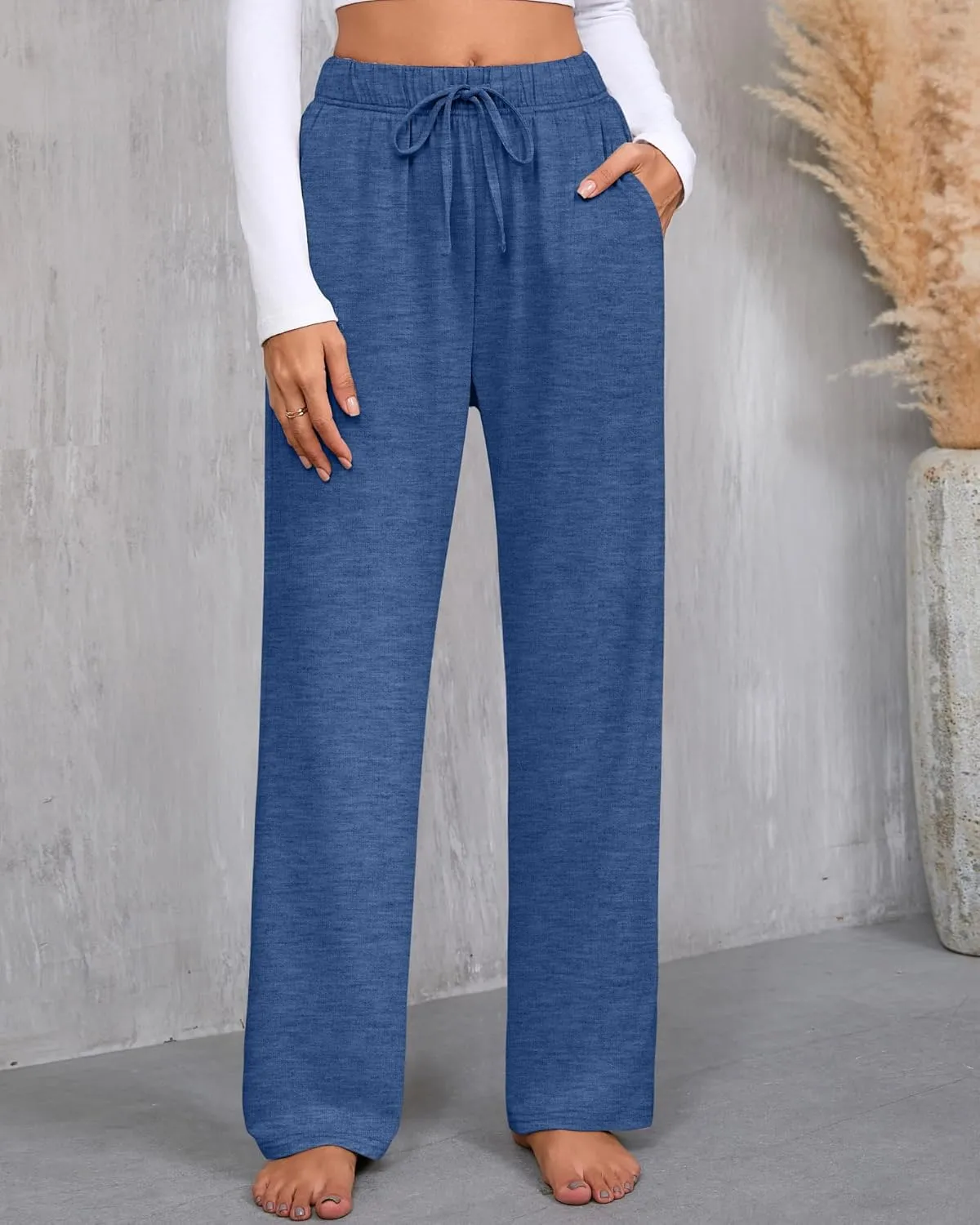 3 Pack Women's Lounge Pants with Pockets Casual Wide Leg Drawstring Yoga Pants Straight Trousers Spring Bottoms