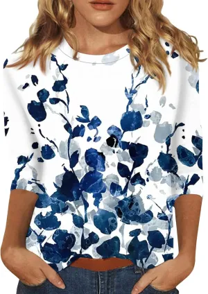 3/4 Length Sleeve Shirts for Women, Round Neck Cute Tunic Tops Basic Tees Casual Printed Blouses Loose Shirt Tops