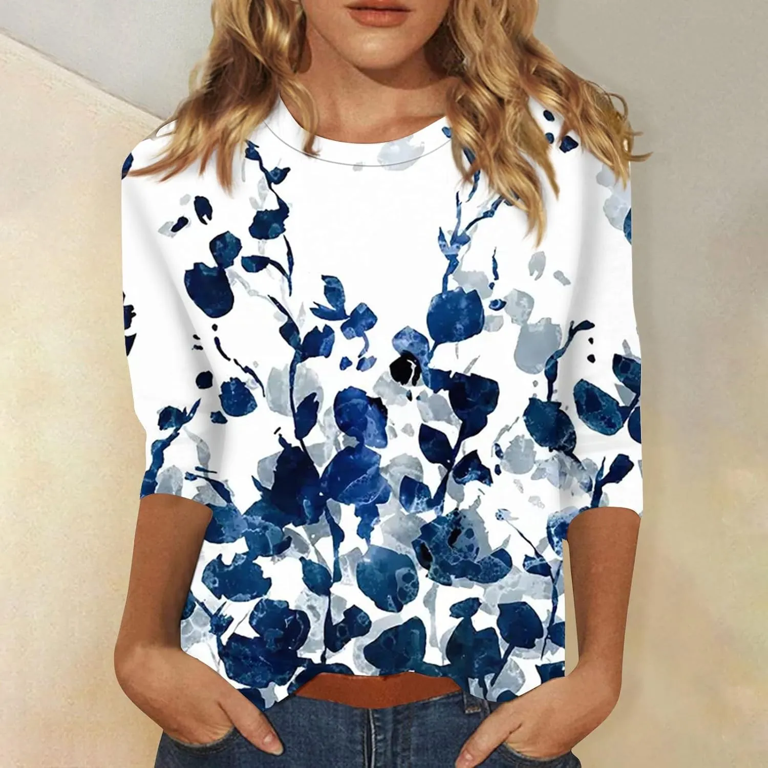 3/4 Length Sleeve Shirts for Women, Round Neck Cute Tunic Tops Basic Tees Casual Printed Blouses Loose Shirt Tops