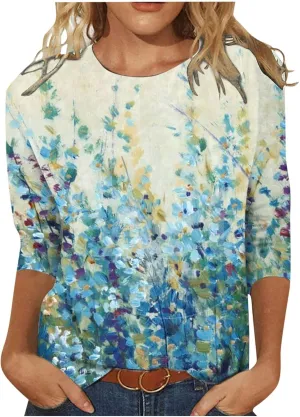 3/4 Length Sleeve Womens Tops 2024 Floral Print Vintage Fashion Casual Loose with Round Neck Plus Size Shirts