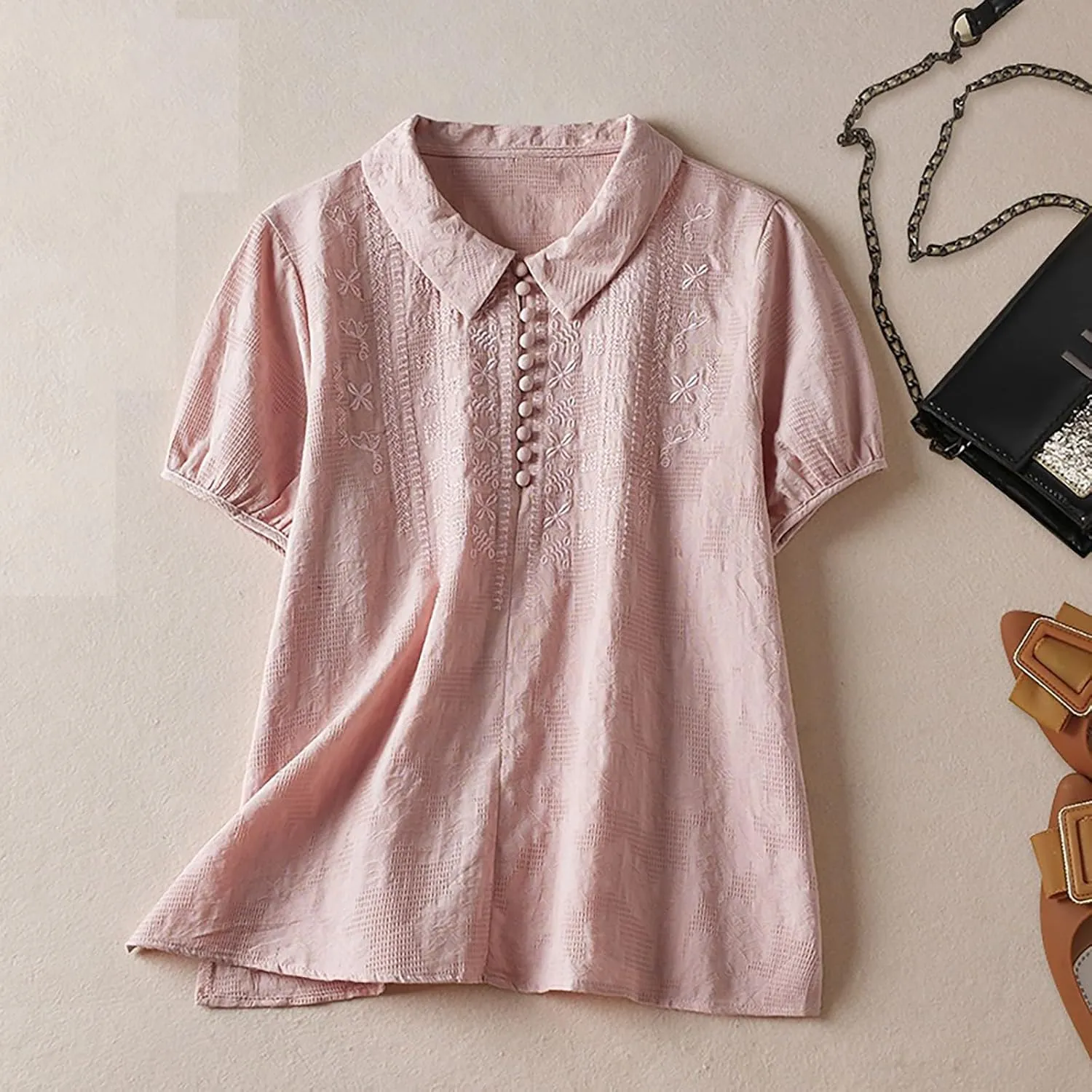 3/4 Length Sleeve Womens Tops Embroidered Print Chinese Shirts Casual Summer Cotton Linen Boho Tops Blouse Clothes