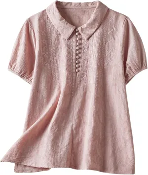 3/4 Length Sleeve Womens Tops Embroidered Print Chinese Shirts Casual Summer Cotton Linen Boho Tops Blouse Clothes