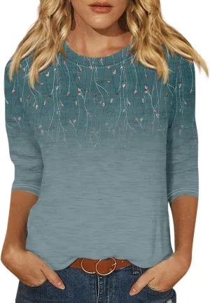 3/4 Length Sleeve Womens Tops Plus Size Spring Tops 2025 Crewneck Floral Graphic T Shirts Loose Fit Tunic Blouses