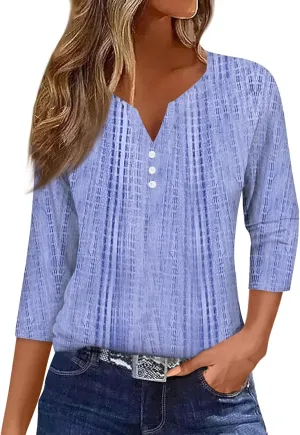 3/4 Length Sleeve Womens Tops Summer Casual Loose Fit Henley V Neck T Shirts Print Three Quarter Length Tunic Tops