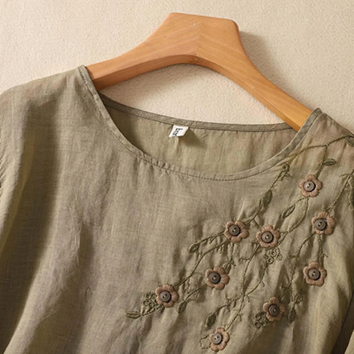 3/4 Length Sleeve Womens Tops Summer Cotton Linen Embroidered Print Chinese Shirts Casual Boho Tops Comfy Blouses