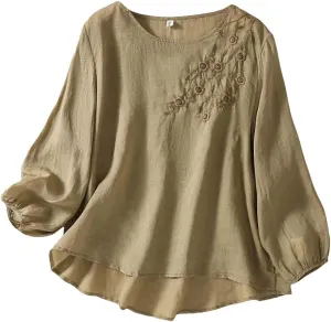 3/4 Length Sleeve Womens Tops Summer Cotton Linen Embroidered Print Chinese Shirts Casual Boho Tops Comfy Blouses