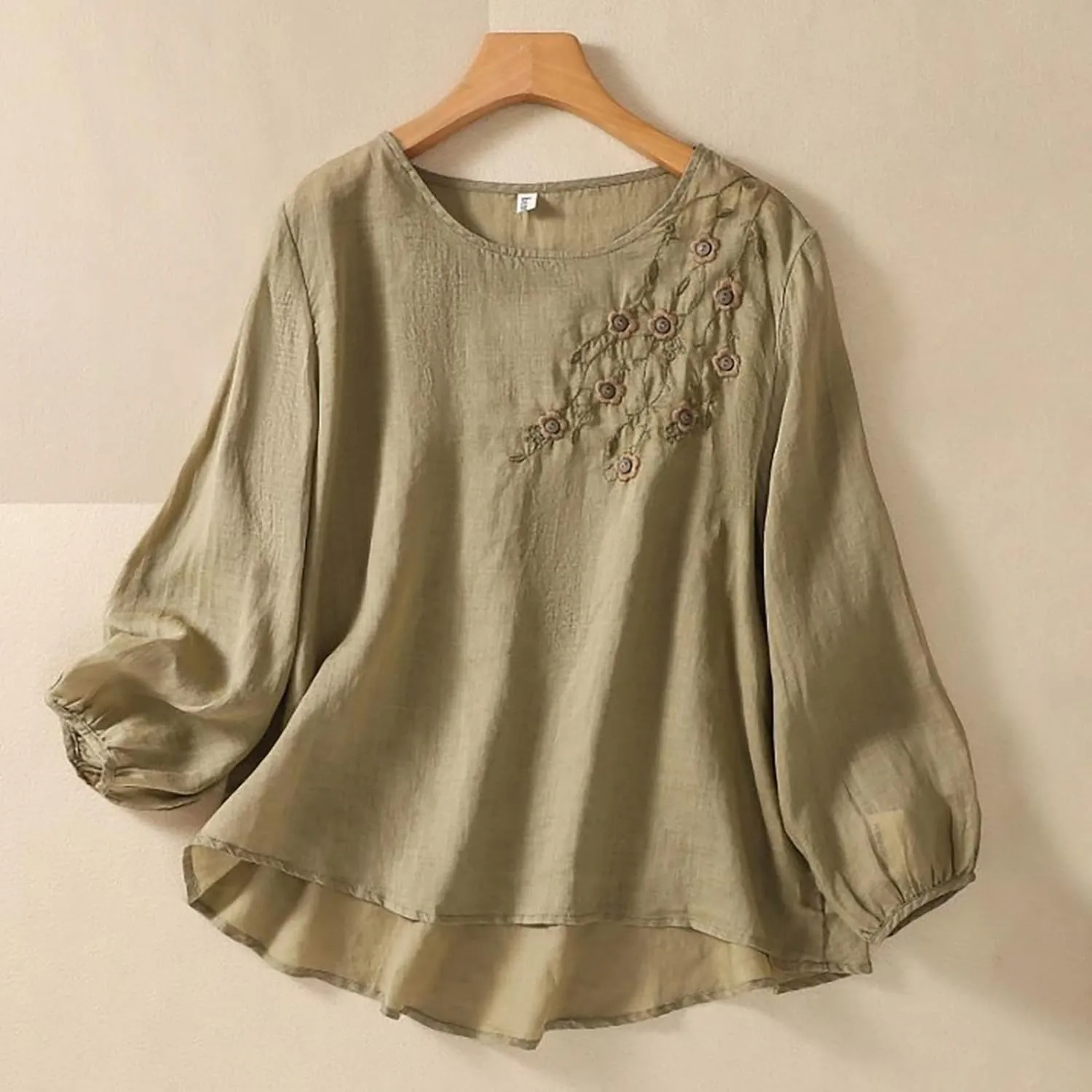 3/4 Length Sleeve Womens Tops Summer Cotton Linen Embroidered Print Chinese Shirts Casual Boho Tops Comfy Blouses