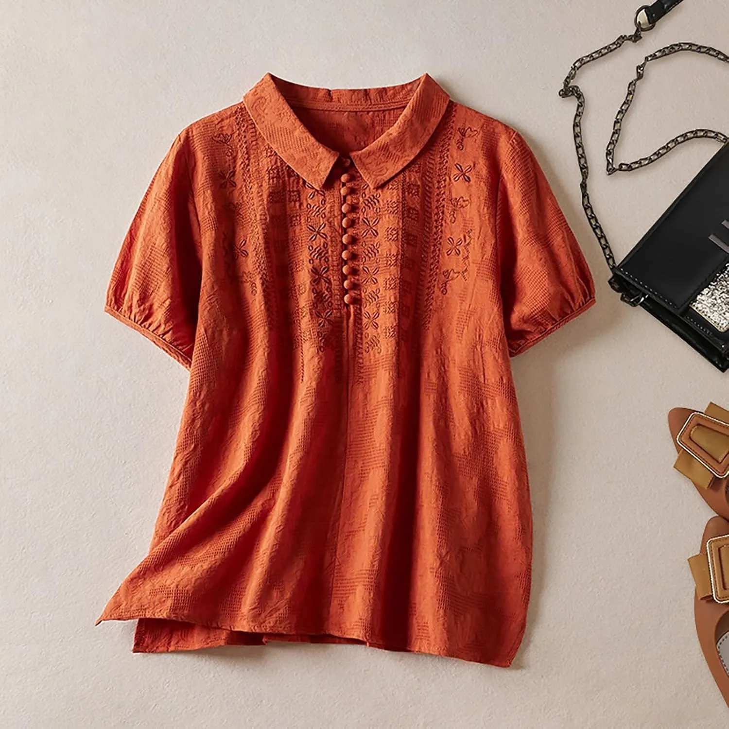 3/4 Length Sleeve Womens Tops Summer Linen Embroidered Print Chinese Shirts Casual Boho Tops Basic Tees Loose Fit
