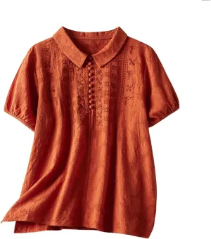 3/4 Length Sleeve Womens Tops Summer Linen Embroidered Print Chinese Shirts Casual Boho Tops Basic Tees Loose Fit