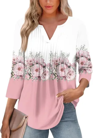 3/4 Sleeve Blouses For Women Dressy Casual V Neck Summer Tops For Women With Leggings Pleated Curved Hem Tunic