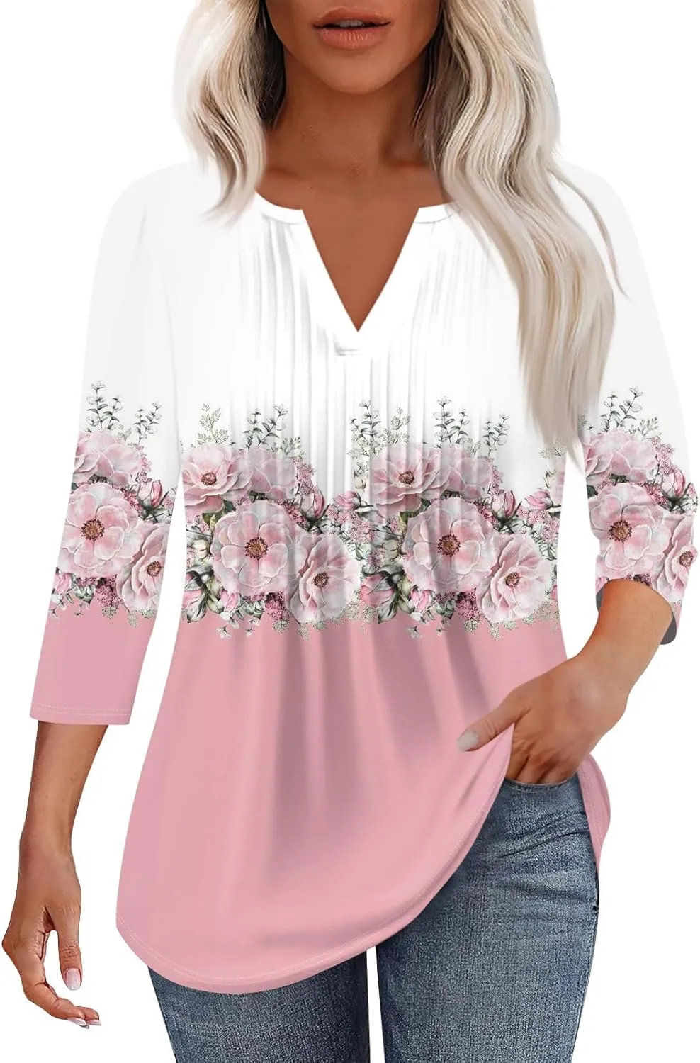3/4 Sleeve Blouses For Women Dressy Casual V Neck Summer Tops For Women With Leggings Pleated Curved Hem Tunic