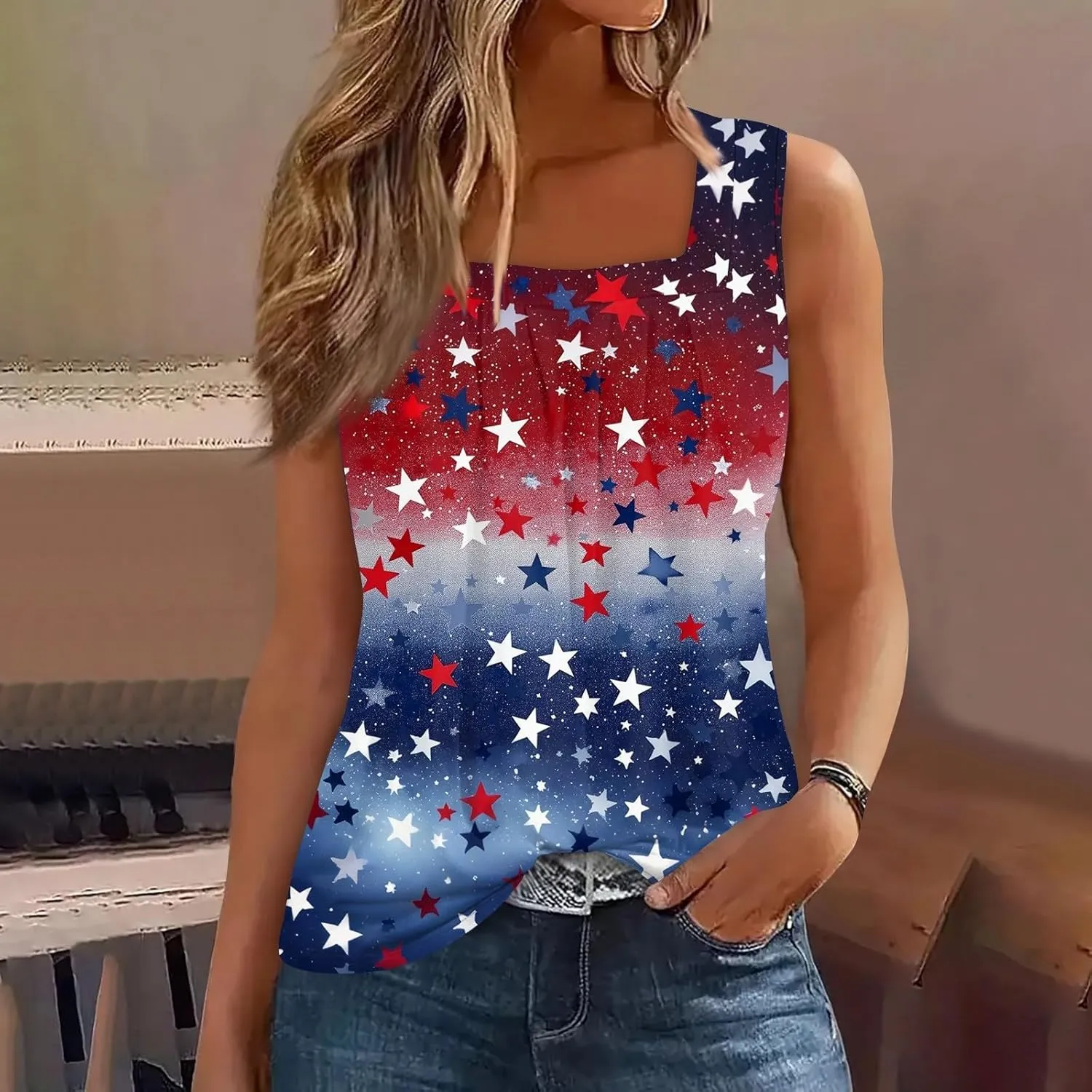 4Th Of July Shirts For Women American Flag Sleeveless Tank Tops Independence Day Patriotic Tunic Holiday Outfits