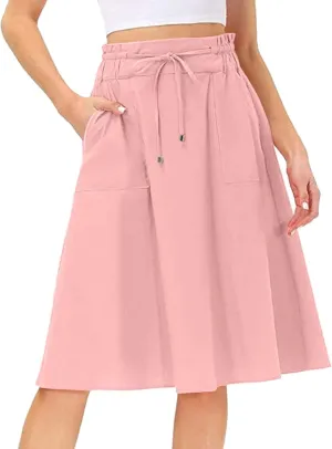 A Line Skirt for Women Solid Lightweight Drawstring High Elastic Waist Knee Length Summer Skirts 2025 Trendy Clothes