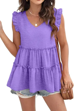 AGSEEM Womens Babydoll Tank Tops V Neck Ruffle Sleeve Pleated Peplum Shirts Summer