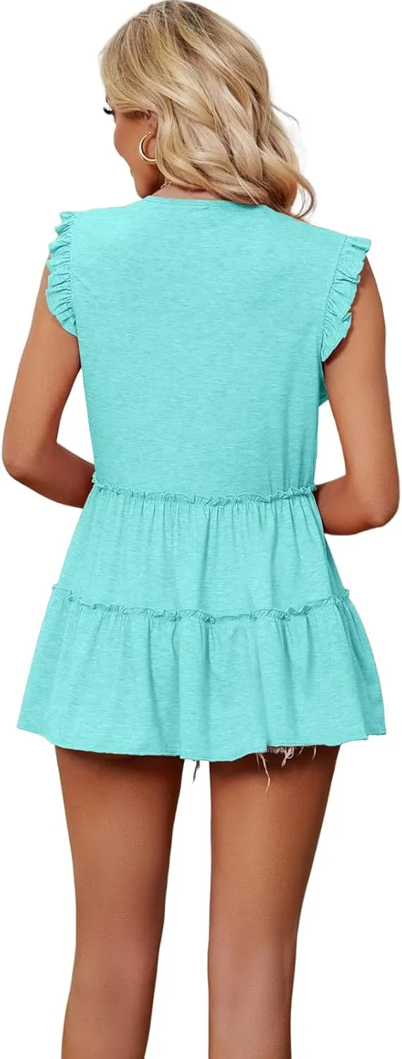 AGSEEM Womens Babydoll Tank Tops V Neck Ruffle Sleeve Pleated Peplum Shirts Summer