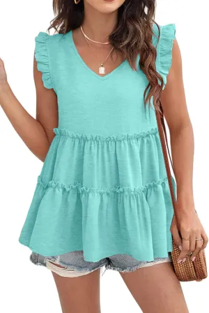 AGSEEM Womens Babydoll Tank Tops V Neck Ruffle Sleeve Pleated Peplum Shirts Summer