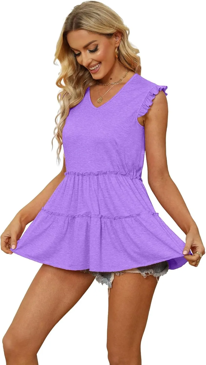 AGSEEM Womens Babydoll Tank Tops V Neck Ruffle Sleeve Pleated Peplum Shirts Summer