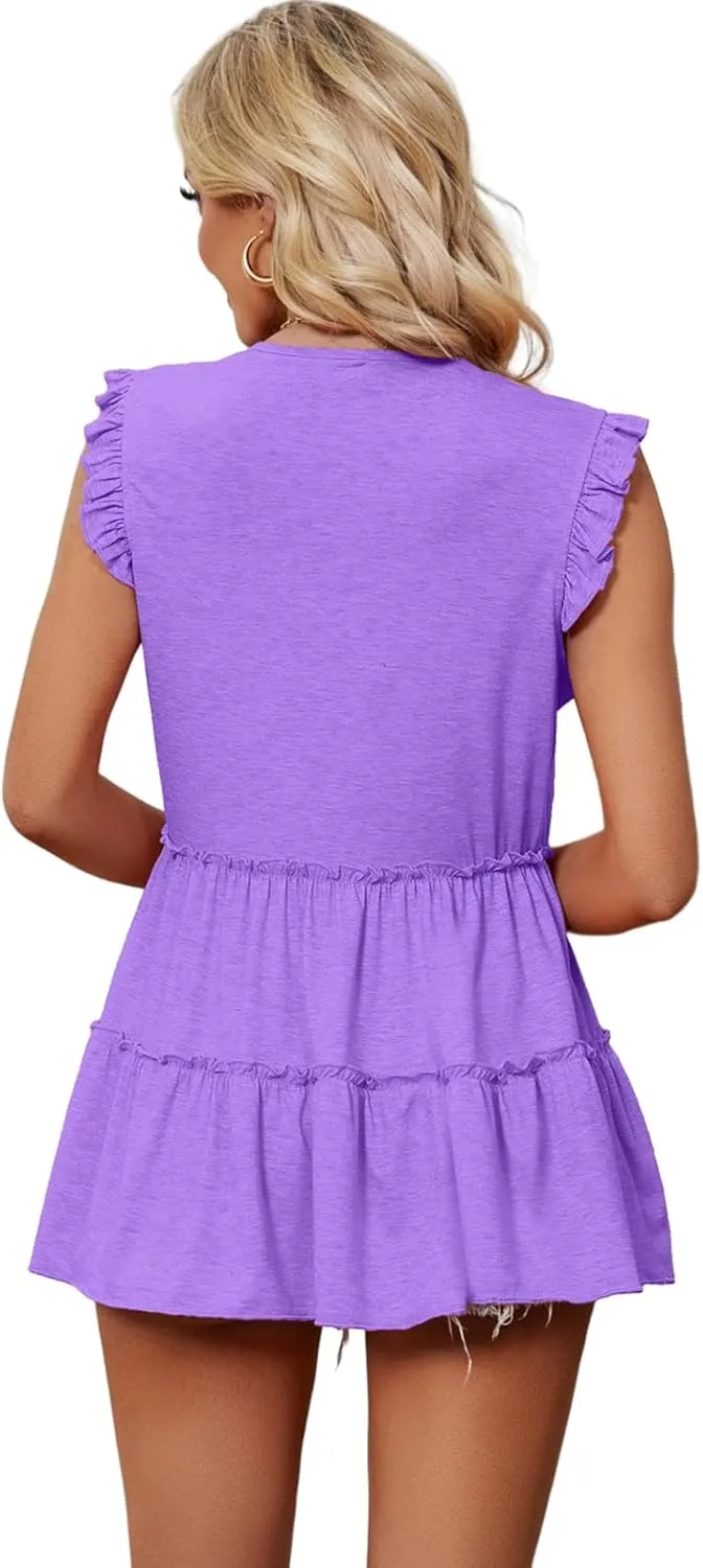 AGSEEM Womens Babydoll Tank Tops V Neck Ruffle Sleeve Pleated Peplum Shirts Summer