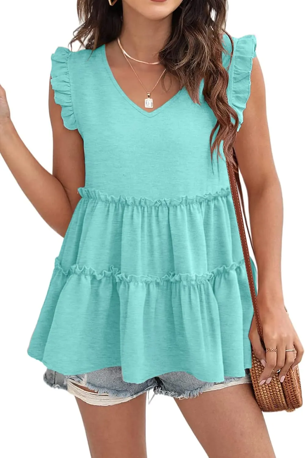 AGSEEM Womens Babydoll Tank Tops V Neck Ruffle Sleeve Pleated Peplum Shirts Summer