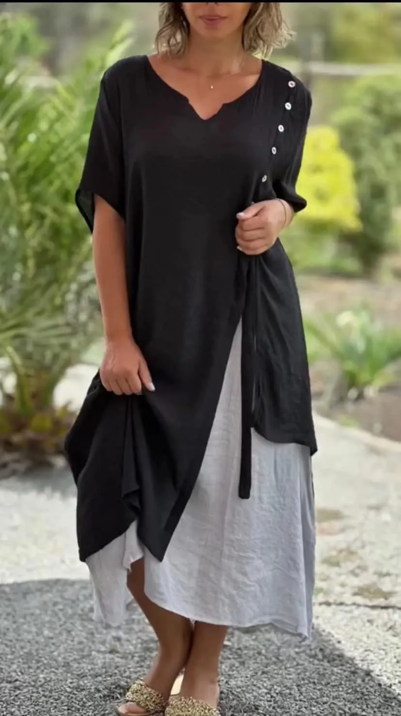 Akivide Womens Cotton Maxi Dress Flowy Asymmetrical Layered Summer Beach Casual Loose Short Sleeve Long Dresses