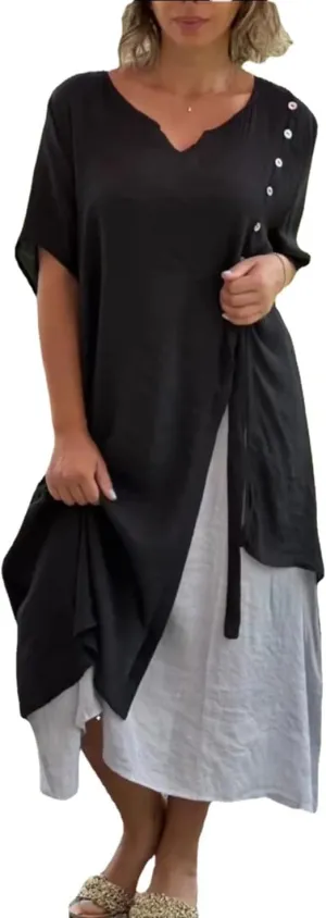 Akivide Womens Cotton Maxi Dress Flowy Asymmetrical Layered Summer Beach Casual Loose Short Sleeve Long Dresses