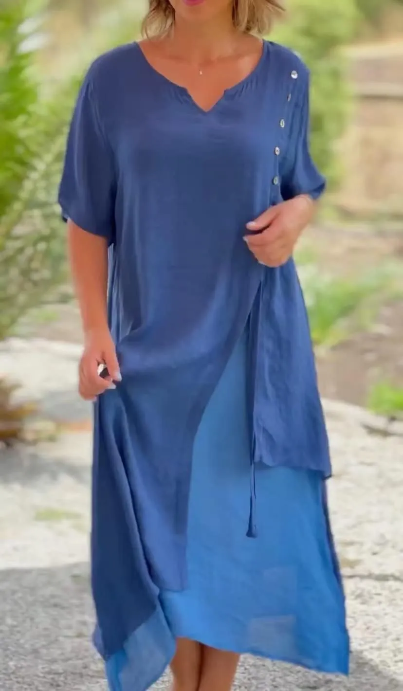 Akivide Womens Cotton Maxi Dress Flowy Asymmetrical Layered Summer Beach Casual Loose Short Sleeve Long Dresses