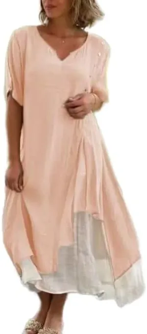 Akivide Womens Cotton Maxi Dress Flowy Asymmetrical Layered Summer Beach Casual Loose Short Sleeve Long Dresses