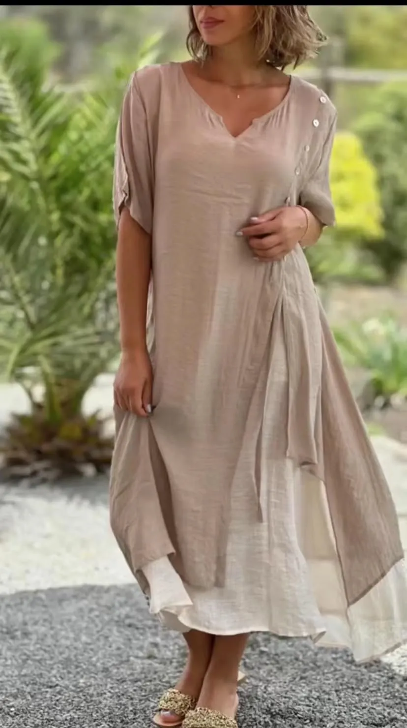 Akivide Womens Cotton Maxi Dress Flowy Asymmetrical Layered Summer Beach Casual Loose Short Sleeve Long Dresses