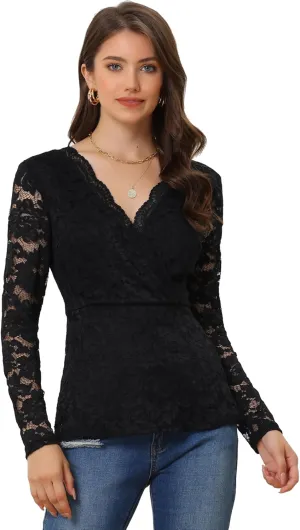 Allegra K Lace Tops for Women's Deep V Neck Floral Wrap Peplum Long Sleeve Blouse Top
