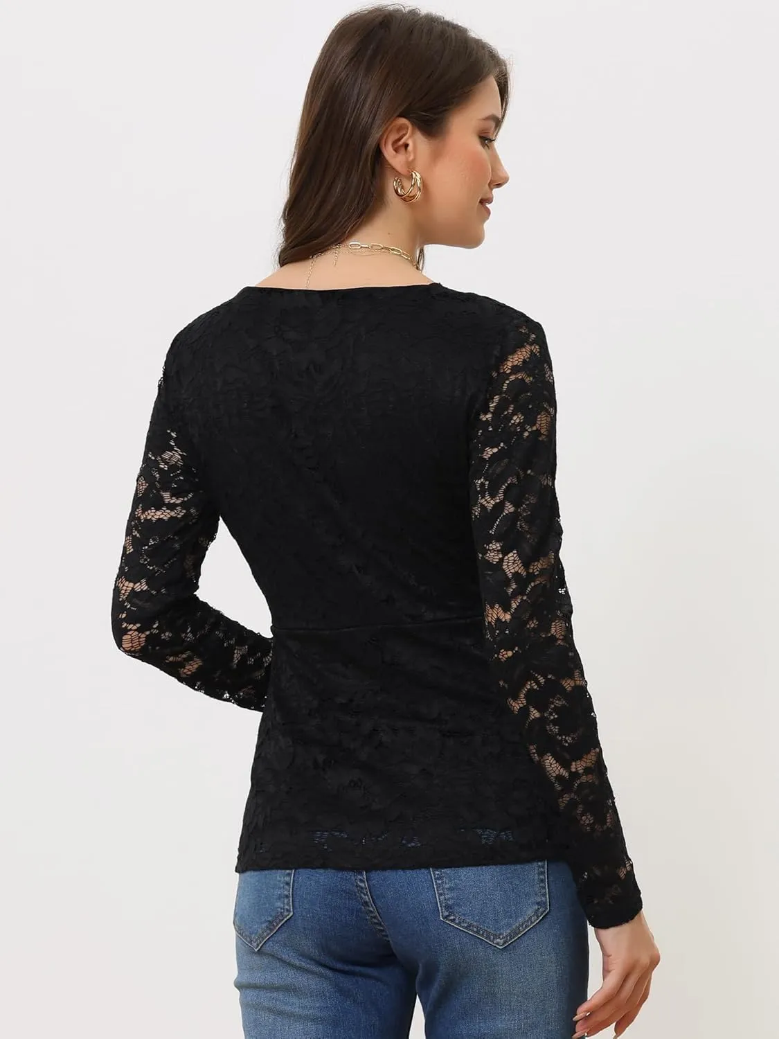 Allegra K Lace Tops for Women's Deep V Neck Floral Wrap Peplum Long Sleeve Blouse Top