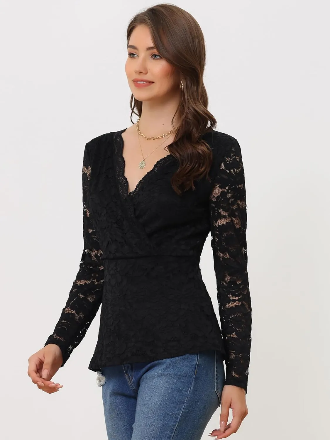Allegra K Lace Tops for Women's Deep V Neck Floral Wrap Peplum Long Sleeve Blouse Top