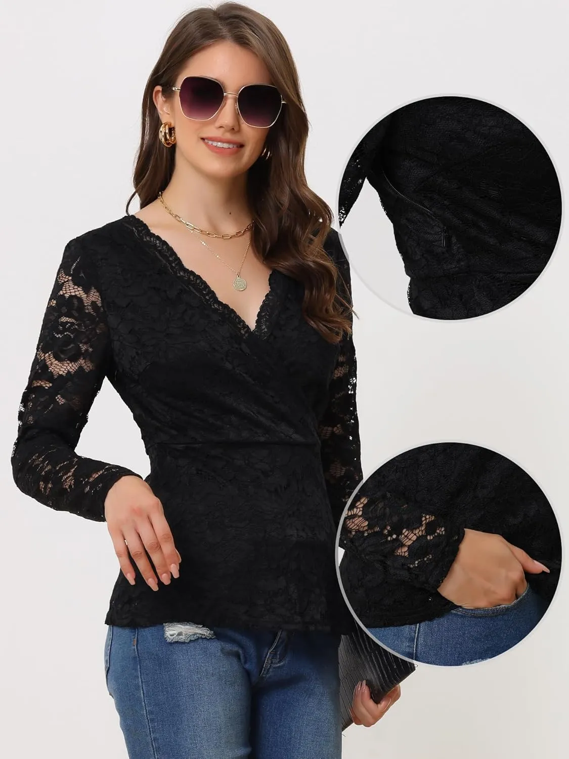 Allegra K Lace Tops for Women's Deep V Neck Floral Wrap Peplum Long Sleeve Blouse Top