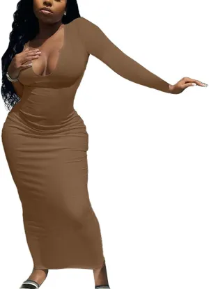 Antopmen Women Sexy V Neck Ribbed Knitted Long Sleeve Midi Dress Bodycon Slim Partywear Maxi Dress
