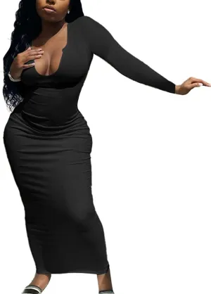 Antopmen Women Sexy V Neck Ribbed Knitted Long Sleeve Midi Dress Bodycon Slim Partywear Maxi Dress