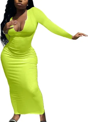 Antopmen Women Sexy V Neck Ribbed Knitted Long Sleeve Midi Dress Bodycon Slim Partywear Maxi Dress