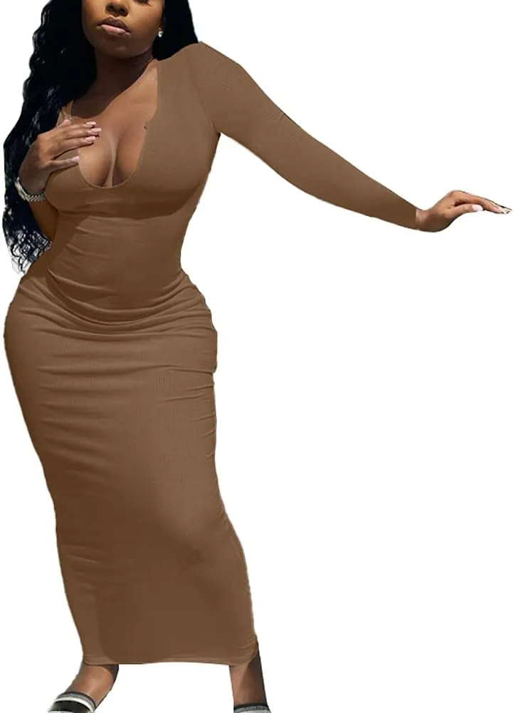 Antopmen Women Sexy V Neck Ribbed Knitted Long Sleeve Midi Dress Bodycon Slim Partywear Maxi Dress
