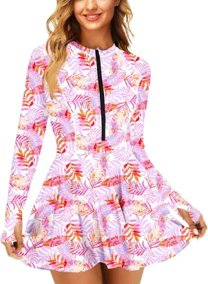AOBUTE Women Long Sleeve Swim Dress SPF Rash Guard with Bottoms No Bra, 2 Piece Swimsuit with Thumb Hole