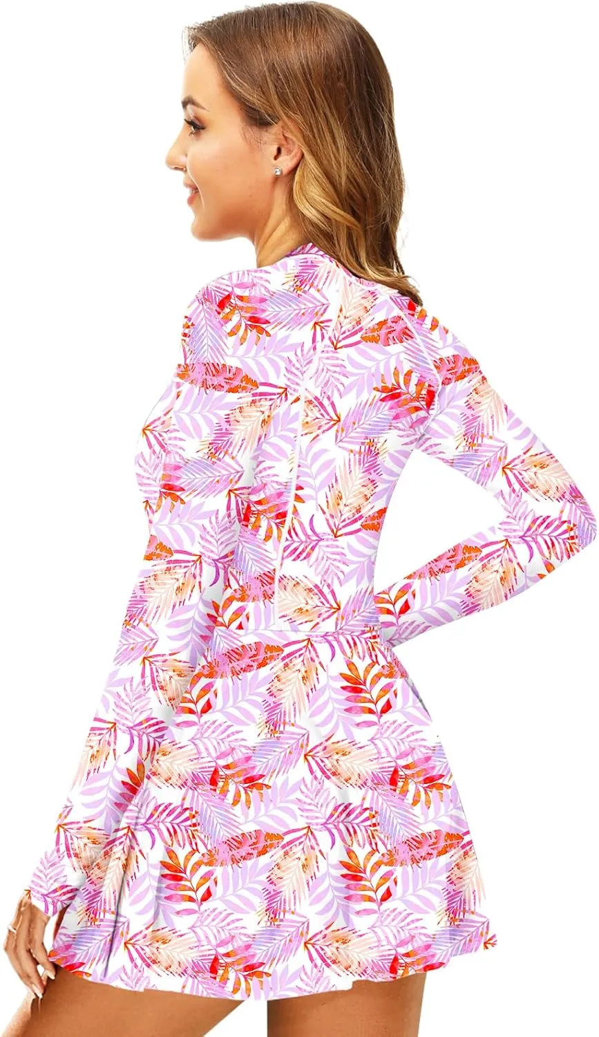 AOBUTE Women Long Sleeve Swim Dress SPF Rash Guard with Bottoms No Bra, 2 Piece Swimsuit with Thumb Hole