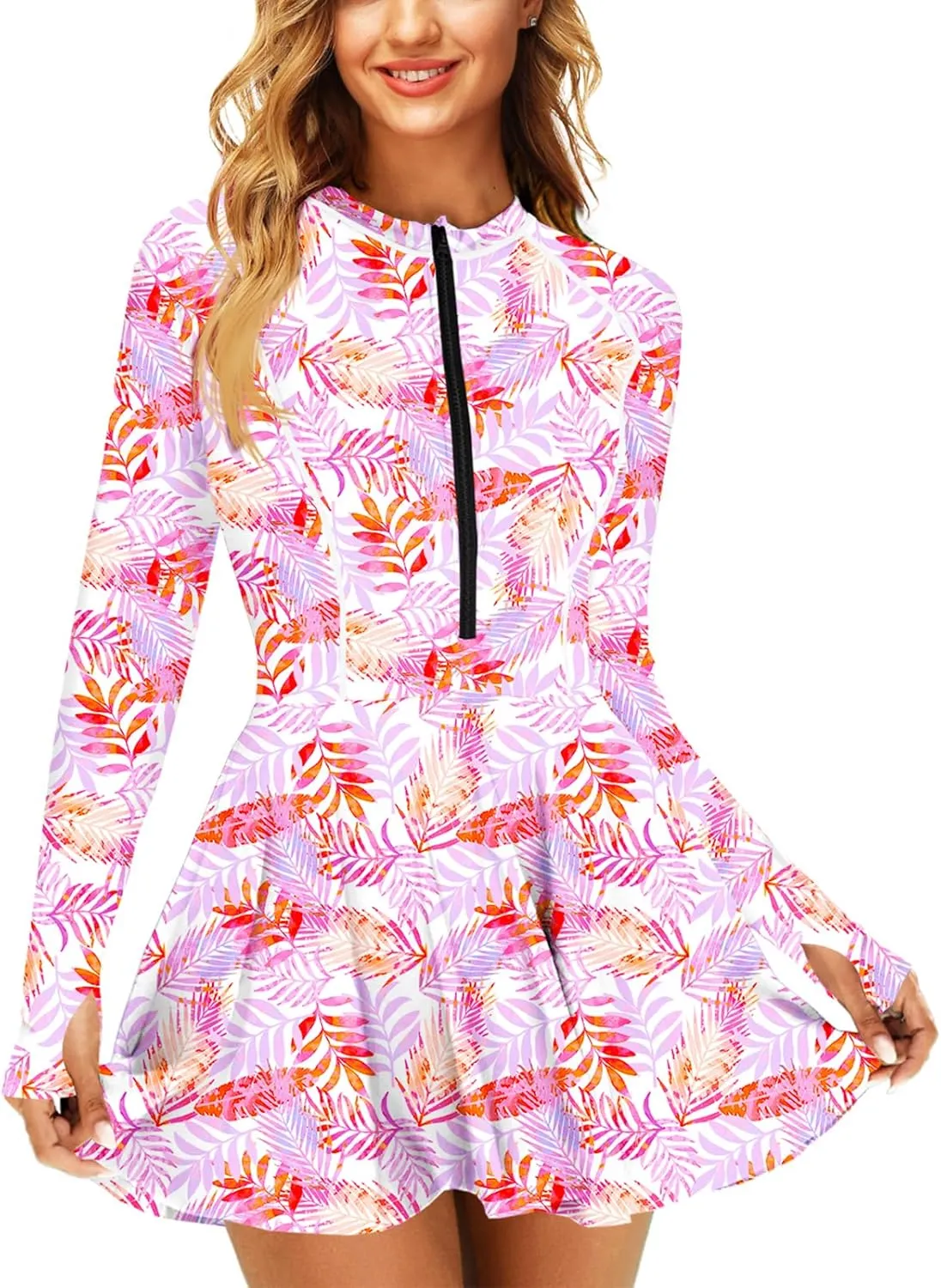 AOBUTE Women Long Sleeve Swim Dress SPF Rash Guard with Bottoms No Bra, 2 Piece Swimsuit with Thumb Hole