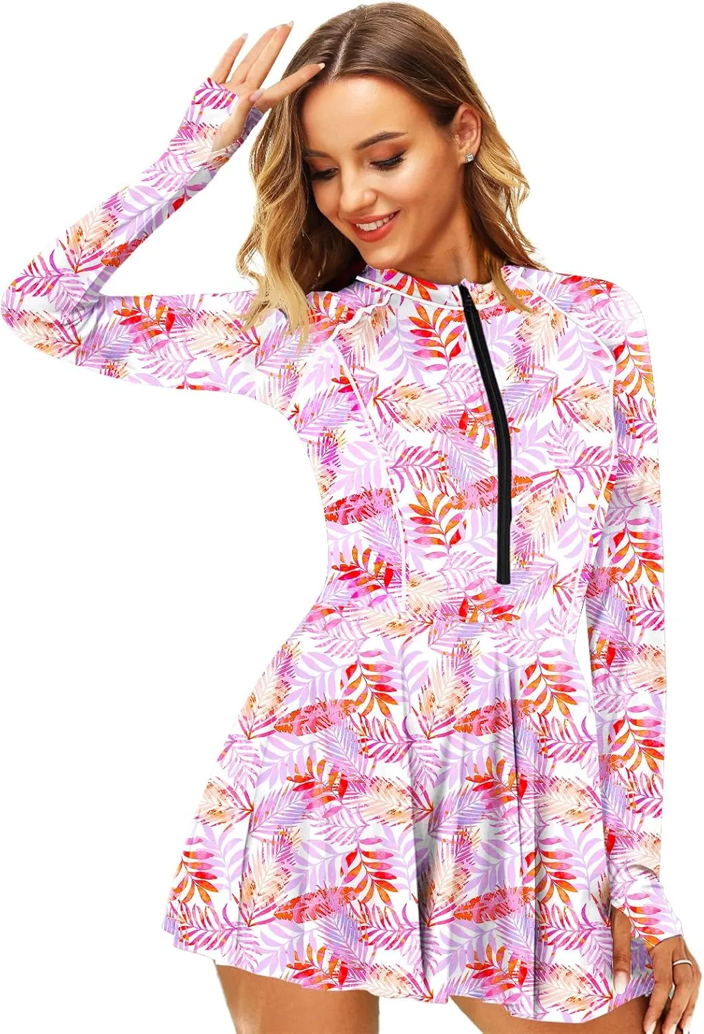 AOBUTE Women Long Sleeve Swim Dress SPF Rash Guard with Bottoms No Bra, 2 Piece Swimsuit with Thumb Hole