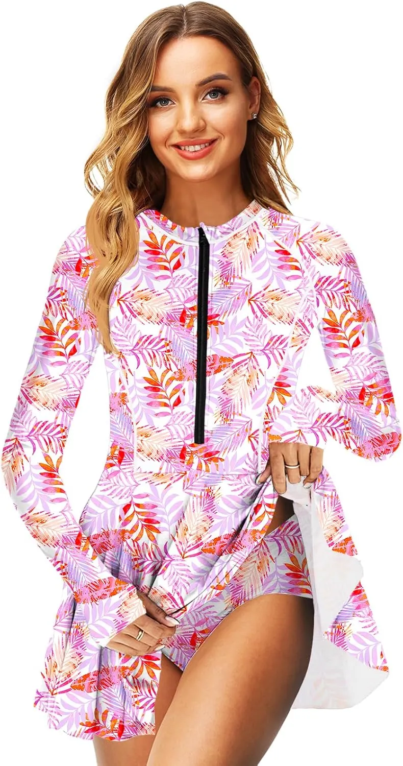 AOBUTE Women Long Sleeve Swim Dress SPF Rash Guard with Bottoms No Bra, 2 Piece Swimsuit with Thumb Hole