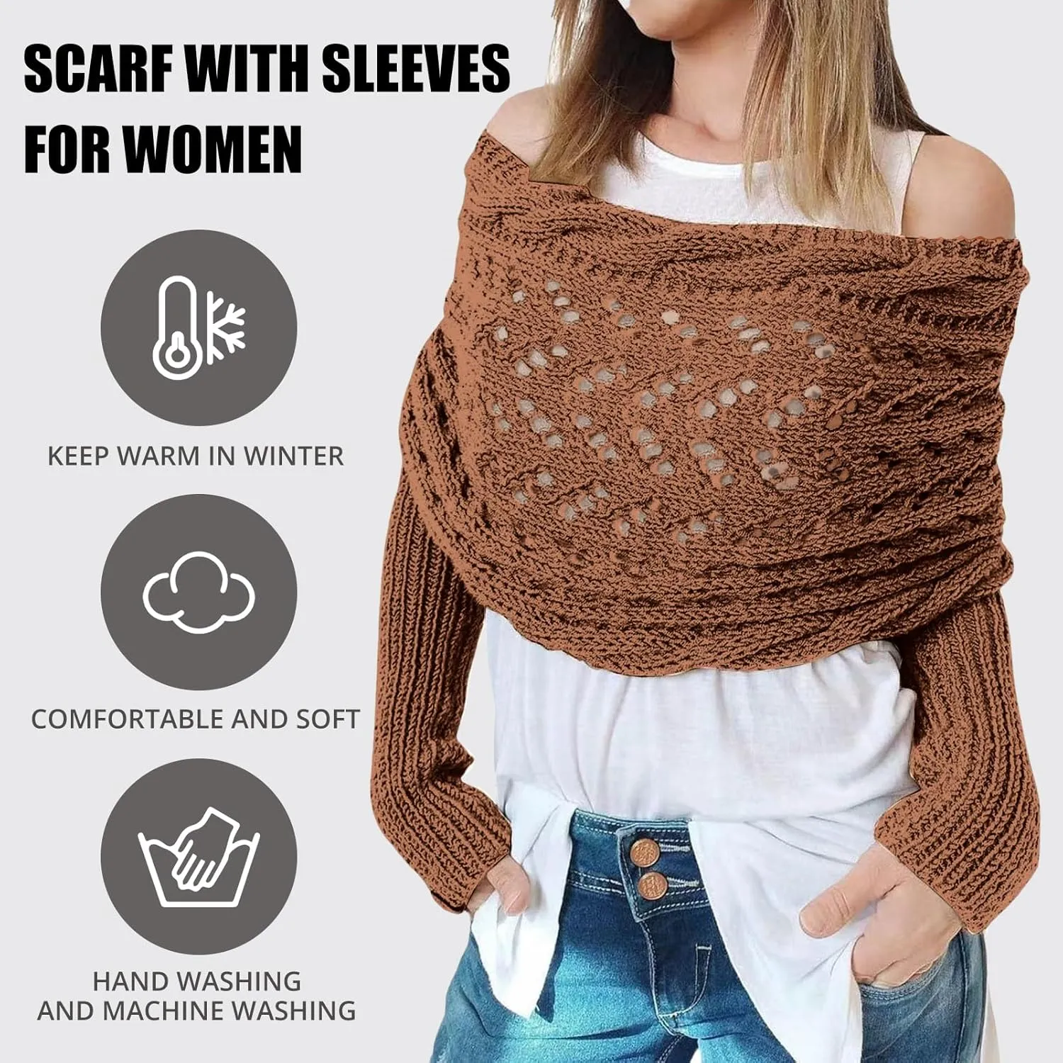 Baonmy Scarf with Sleeves for Women, Shawl Wraps Knitted Cable Crochet Multifunctional Scarf Sweaters with Sleeves