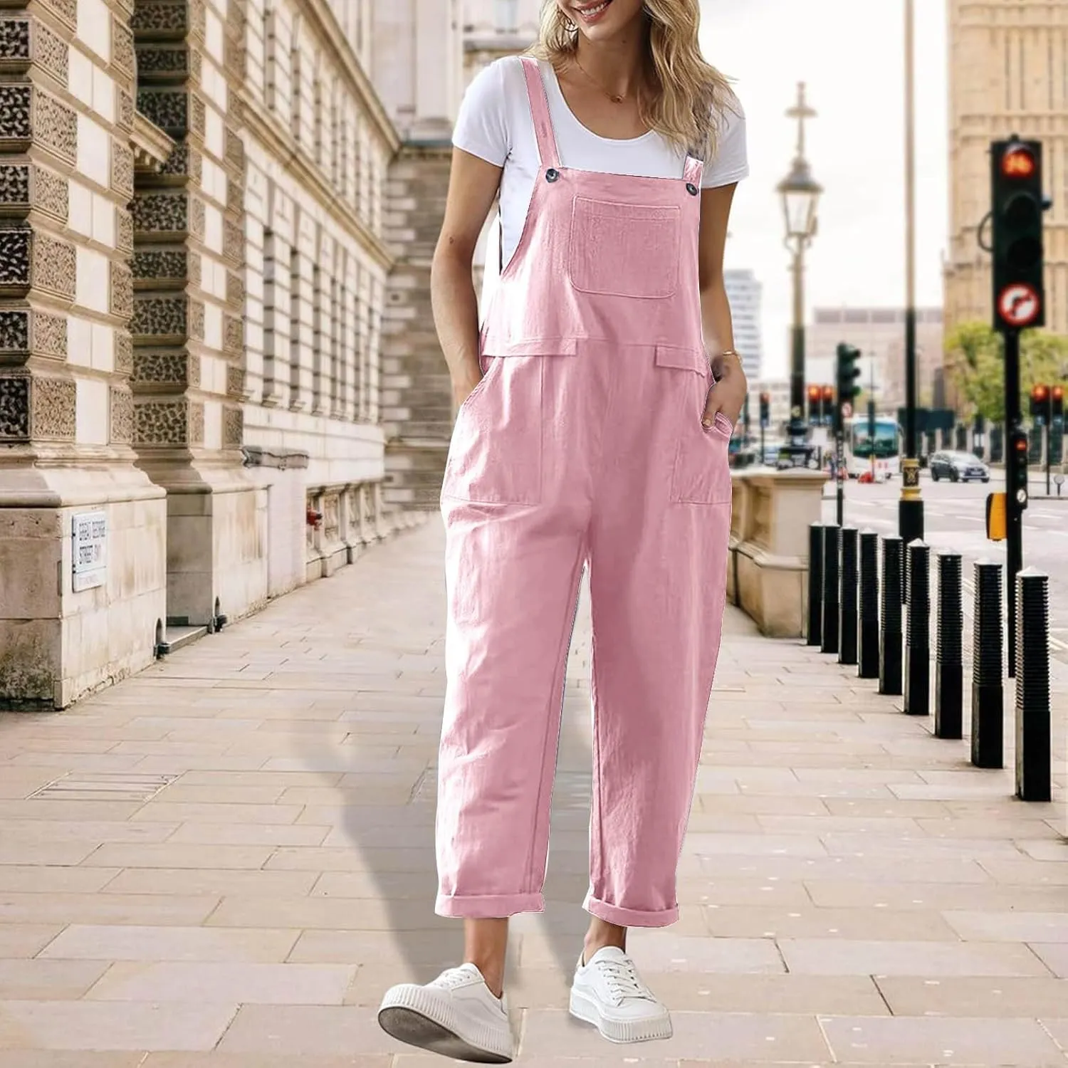 Beach Rompers for Women 2024 Summer Cotton Linen Baggy Overalls Jumpers Sleeveless Oversized Jumpsuits With Pockets